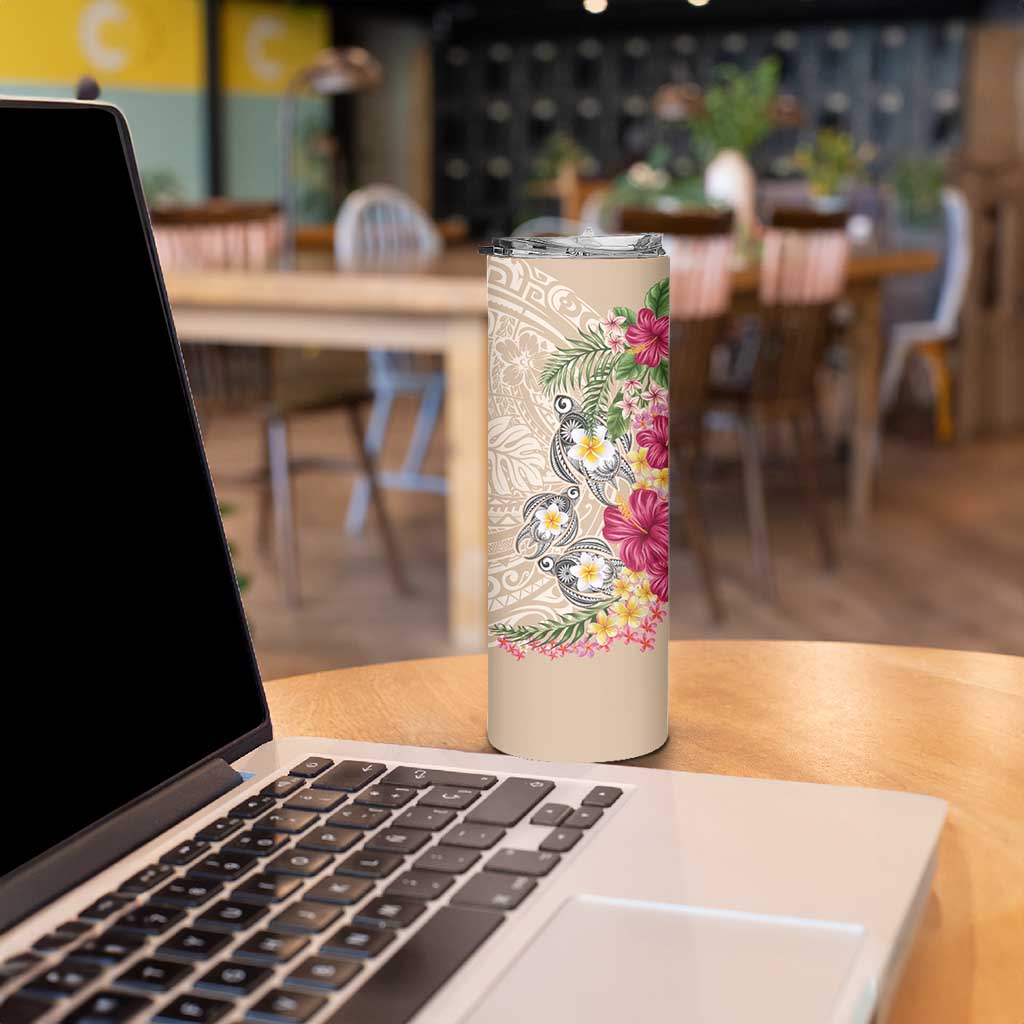 Hawaiian Tropical Flowers and Tribal Turtles Skinny Tumbler Polynesian Art Motifs Beige Color - Polynesian Pride