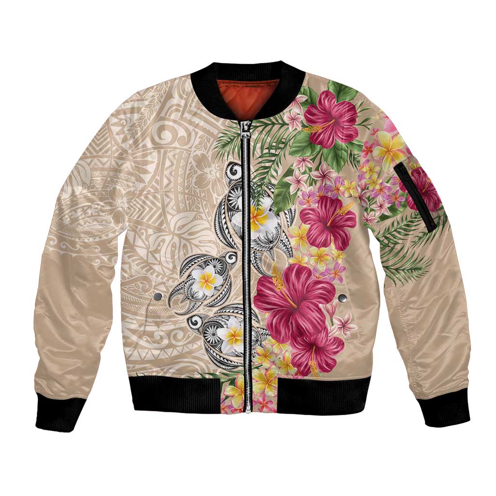 Hawaiian Tropical Flowers and Tribal Turtles Sleeve Zip Bomber Jacket Polynesian Art Motifs Beige Color LT03 Unisex Beige - Polynesian Pride