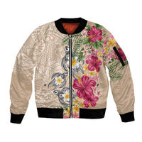 Hawaiian Tropical Flowers and Tribal Turtles Sleeve Zip Bomber Jacket Polynesian Art Motifs Beige Color LT03 Unisex Beige - Polynesian Pride