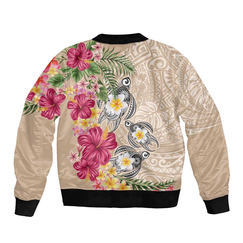 Hawaiian Tropical Flowers and Tribal Turtles Sleeve Zip Bomber Jacket Polynesian Art Motifs Beige Color LT03 - Polynesian Pride