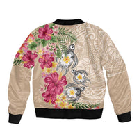 Hawaiian Tropical Flowers and Tribal Turtles Sleeve Zip Bomber Jacket Polynesian Art Motifs Beige Color LT03 - Polynesian Pride