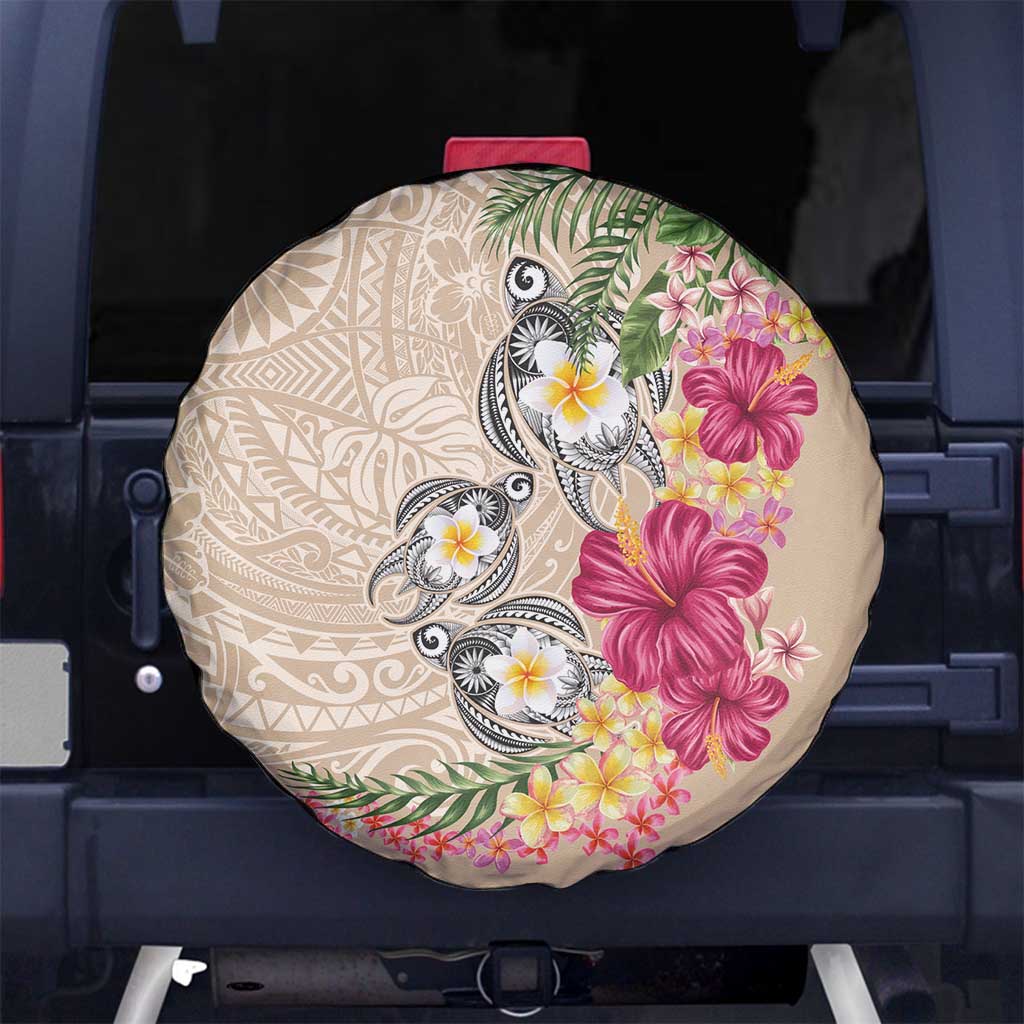 Hawaiian Tropical Flowers and Tribal Turtles Spare Tire Cover Polynesian Art Motifs Beige Color LT03 No hole Beige - Polynesian Pride