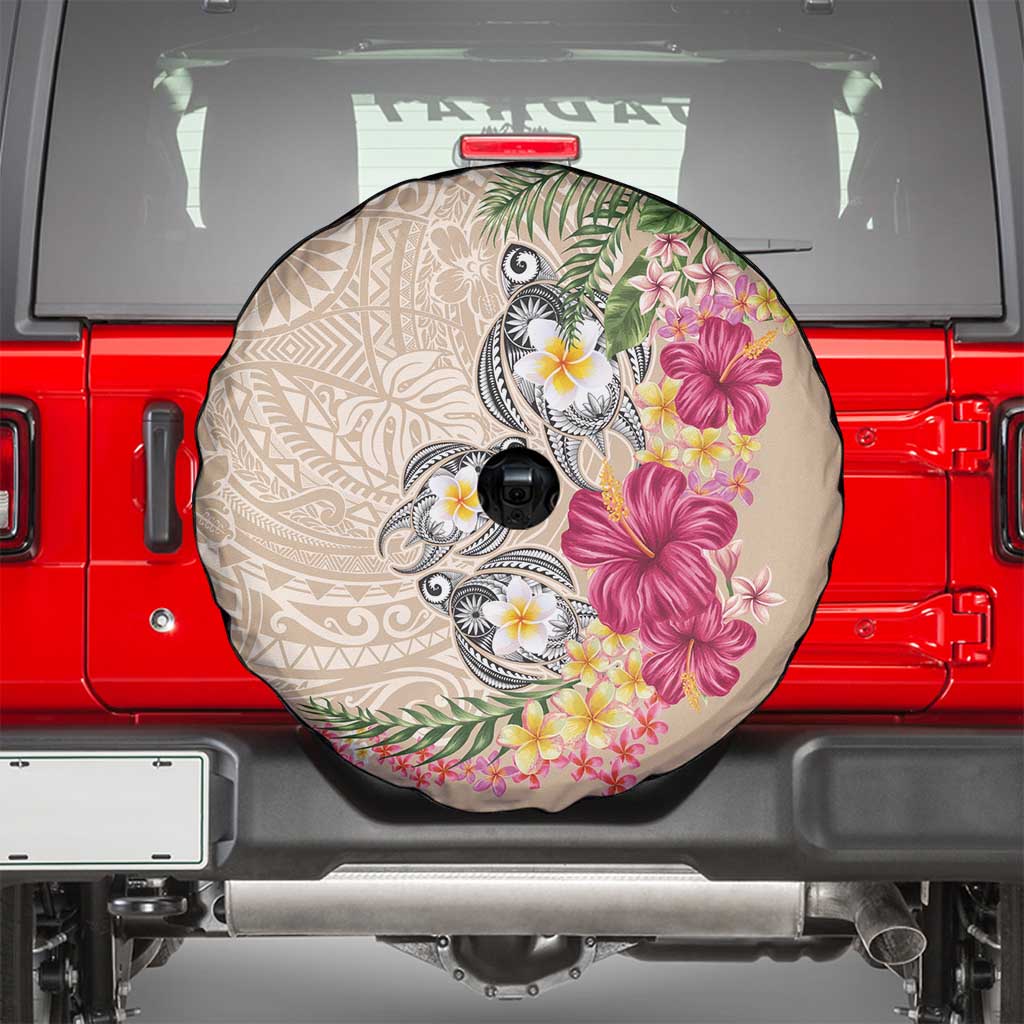 Hawaiian Tropical Flowers and Tribal Turtles Spare Tire Cover Polynesian Art Motifs Beige Color LT03 - Polynesian Pride