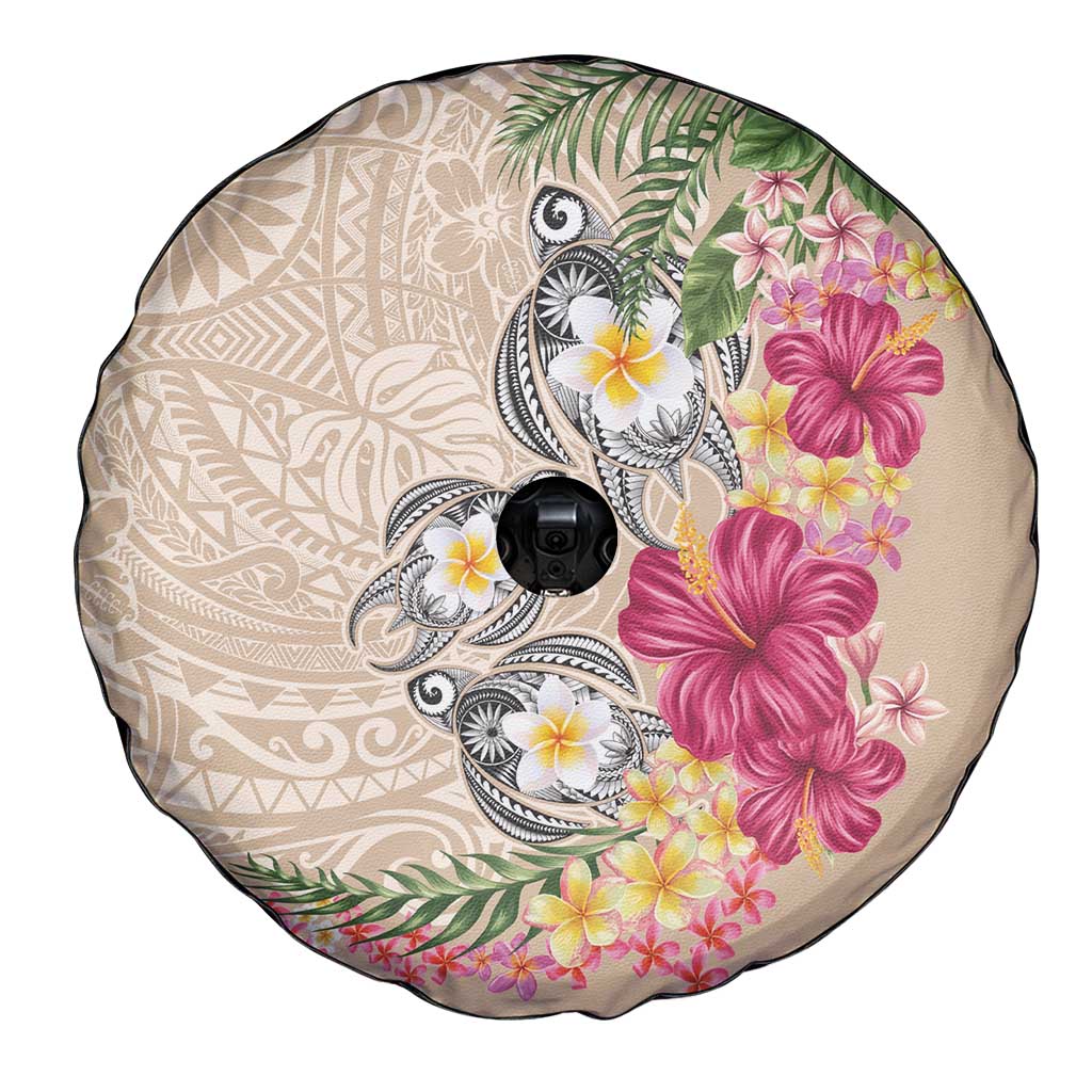 Hawaiian Tropical Flowers and Tribal Turtles Spare Tire Cover Polynesian Art Motifs Beige Color LT03 - Polynesian Pride
