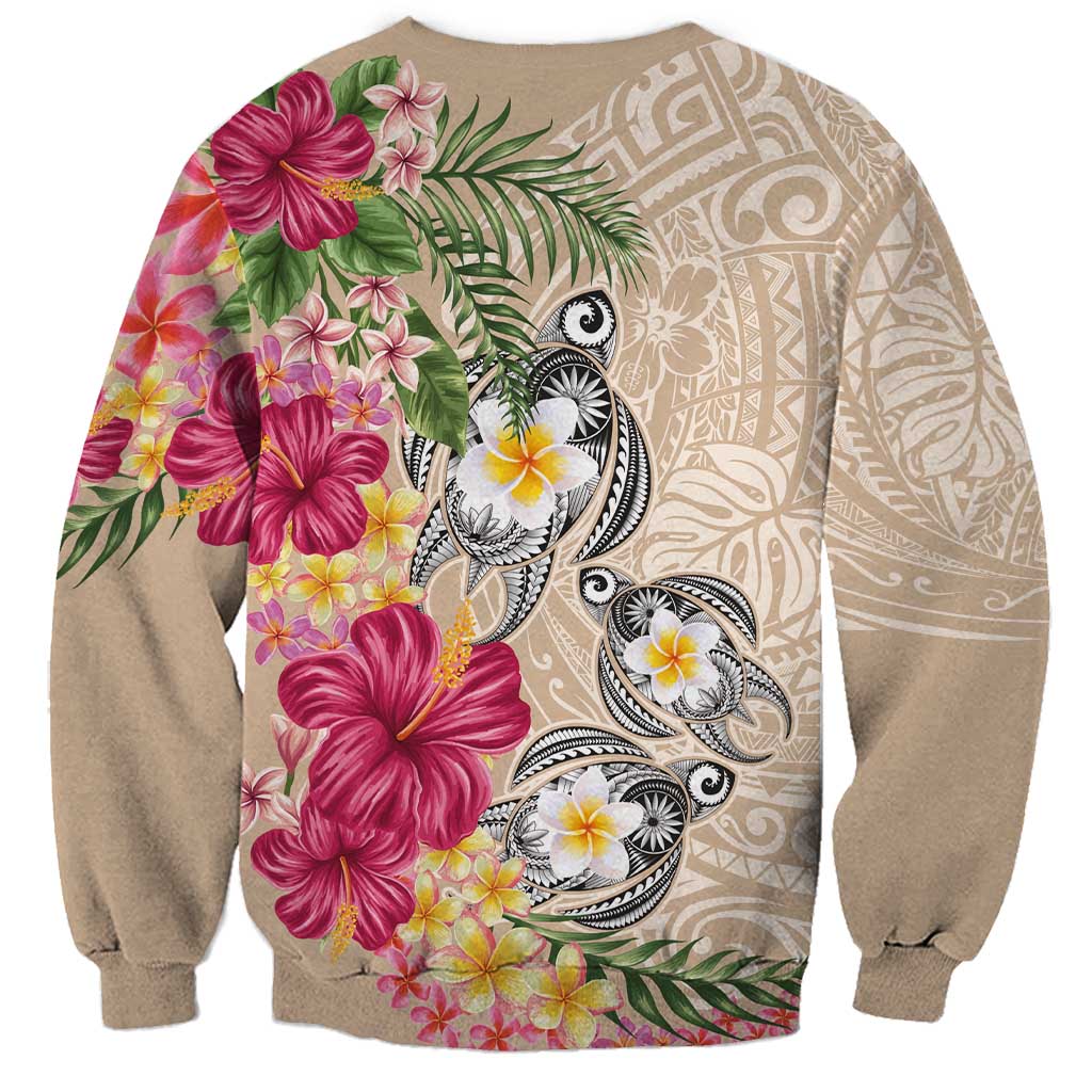 Hawaiian Tropical Flowers and Tribal Turtles Sweatshirt Polynesian Art Motifs Beige Color LT03 - Polynesian Pride