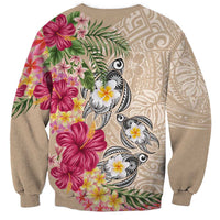 Hawaiian Tropical Flowers and Tribal Turtles Sweatshirt Polynesian Art Motifs Beige Color LT03 - Polynesian Pride