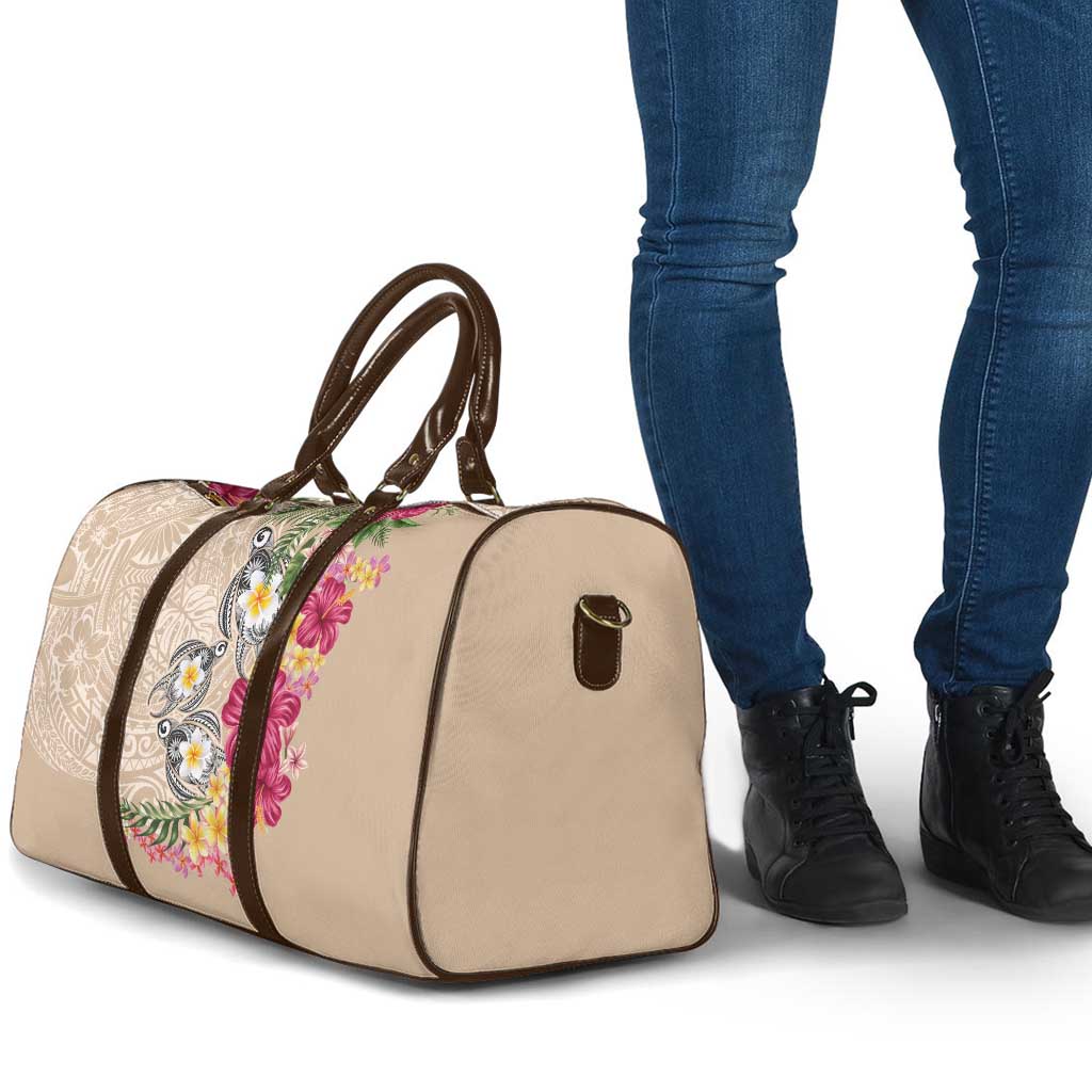 Hawaiian Tropical Flowers and Tribal Turtles Travel Bag Polynesian Art Motifs Beige Color - Polynesian Pride