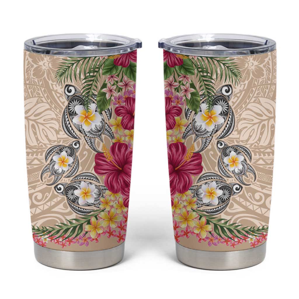 Hawaiian Tropical Flowers and Tribal Turtles Tumbler Cup Polynesian Art Motifs Beige Color LT03 Beige - Polynesian Pride