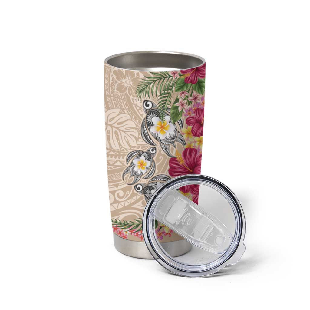 Hawaiian Tropical Flowers and Tribal Turtles Tumbler Cup Polynesian Art Motifs Beige Color LT03 - Polynesian Pride