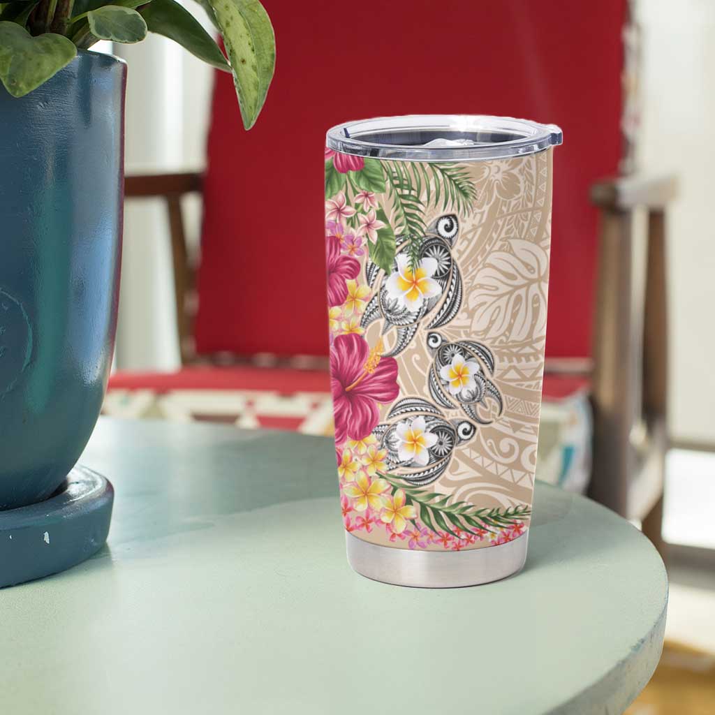 Hawaiian Tropical Flowers and Tribal Turtles Tumbler Cup Polynesian Art Motifs Beige Color LT03 - Polynesian Pride