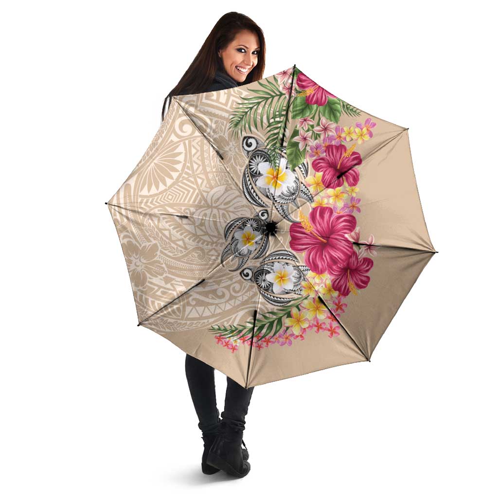 Hawaiian Tropical Flowers and Tribal Turtles Umbrella Polynesian Art Motifs Beige Color LT03 - Polynesian Pride