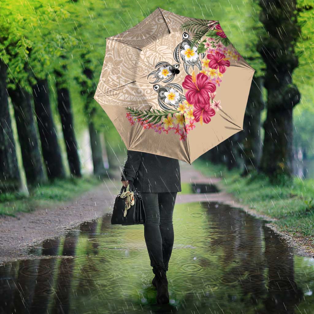 Hawaiian Tropical Flowers and Tribal Turtles Umbrella Polynesian Art Motifs Beige Color LT03 - Polynesian Pride