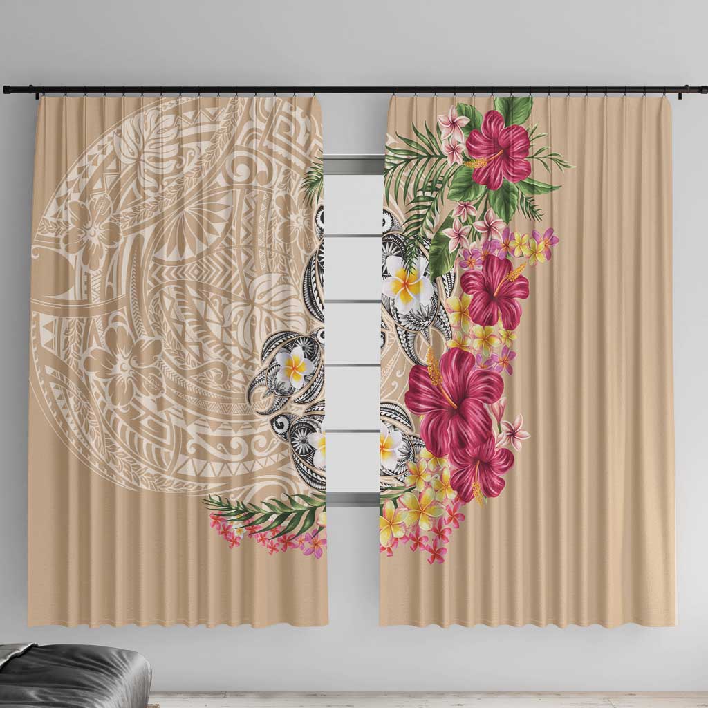 Hawaiian Tropical Flowers and Tribal Turtles Window Curtain Polynesian Art Motifs Beige Color LT03 With Hooks Beige - Polynesian Pride