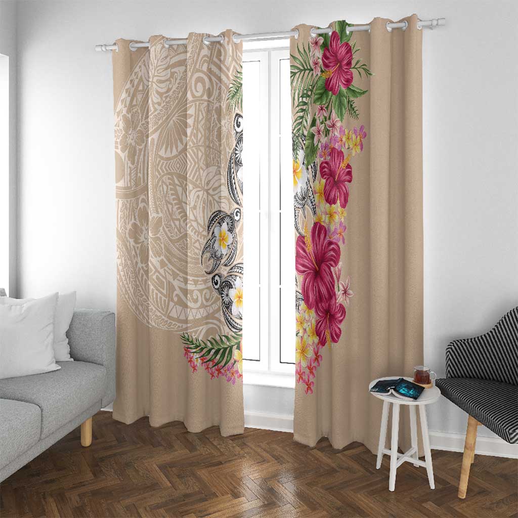 Hawaiian Tropical Flowers and Tribal Turtles Window Curtain Polynesian Art Motifs Beige Color LT03 With Grommets Beige - Polynesian Pride
