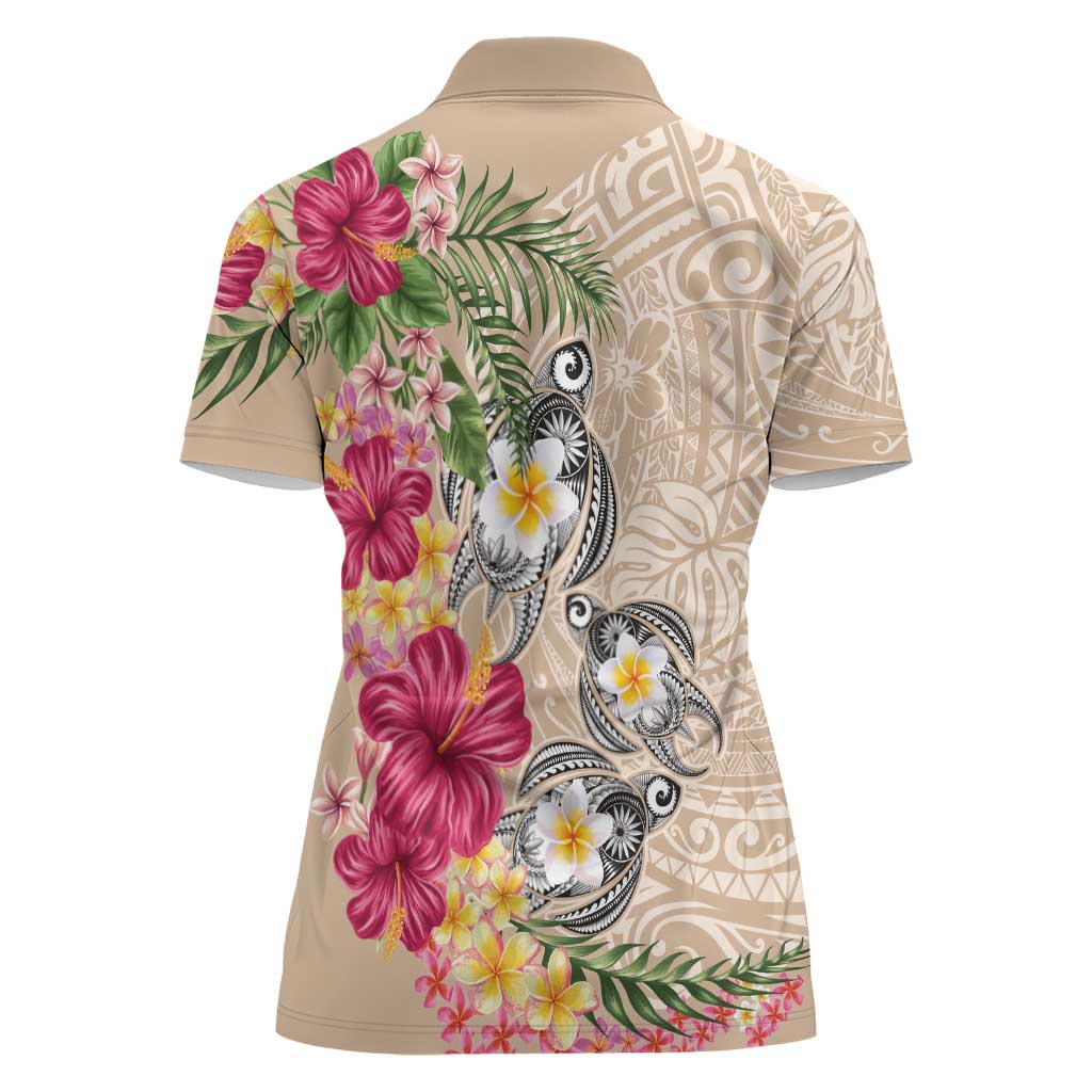 Hawaiian Tropical Flowers and Tribal Turtles Women Polo Shirt Polynesian Art Motifs Beige Color - Polynesian Pride