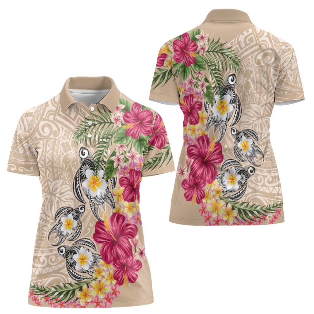 Hawaiian Tropical Flowers and Tribal Turtles Women Polo Shirt Polynesian Art Motifs Beige Color - Polynesian Pride