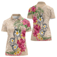 Hawaiian Tropical Flowers and Tribal Turtles Women Polo Shirt Polynesian Art Motifs Beige Color - Polynesian Pride