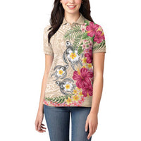 Hawaiian Tropical Flowers and Tribal Turtles Women Polo Shirt Polynesian Art Motifs Beige Color - Polynesian Pride