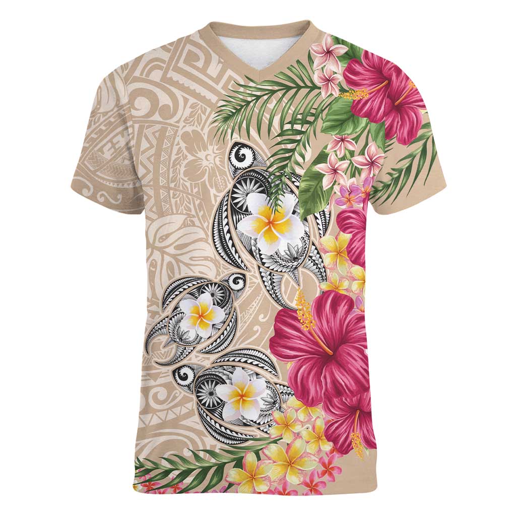 Hawaiian Tropical Flowers and Tribal Turtles Women V-Neck T-Shirt Polynesian Art Motifs Beige Color - Polynesian Pride