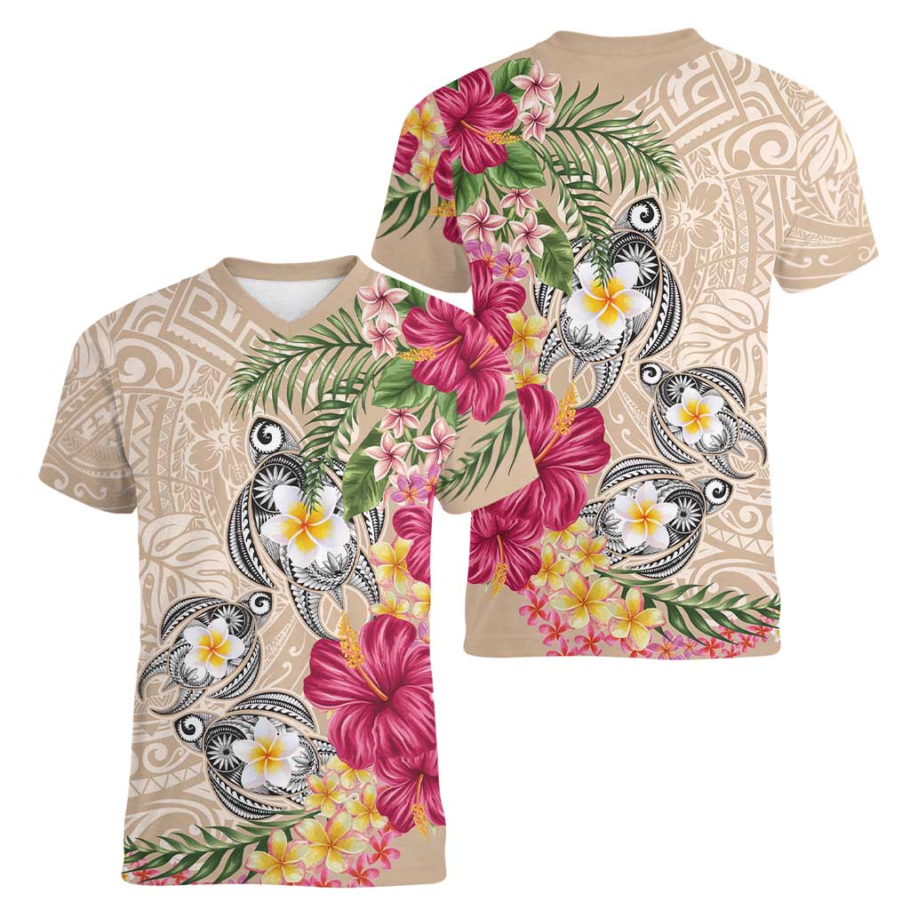 Hawaiian Tropical Flowers and Tribal Turtles Women V-Neck T-Shirt Polynesian Art Motifs Beige Color - Polynesian Pride