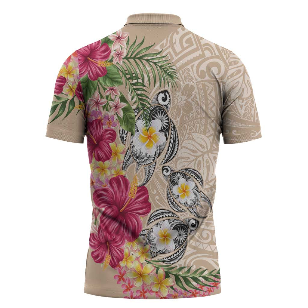 Hawaiian Tropical Flowers and Tribal Turtles Zipper Polo Shirt Polynesian Art Motifs Beige Color - Polynesian Pride