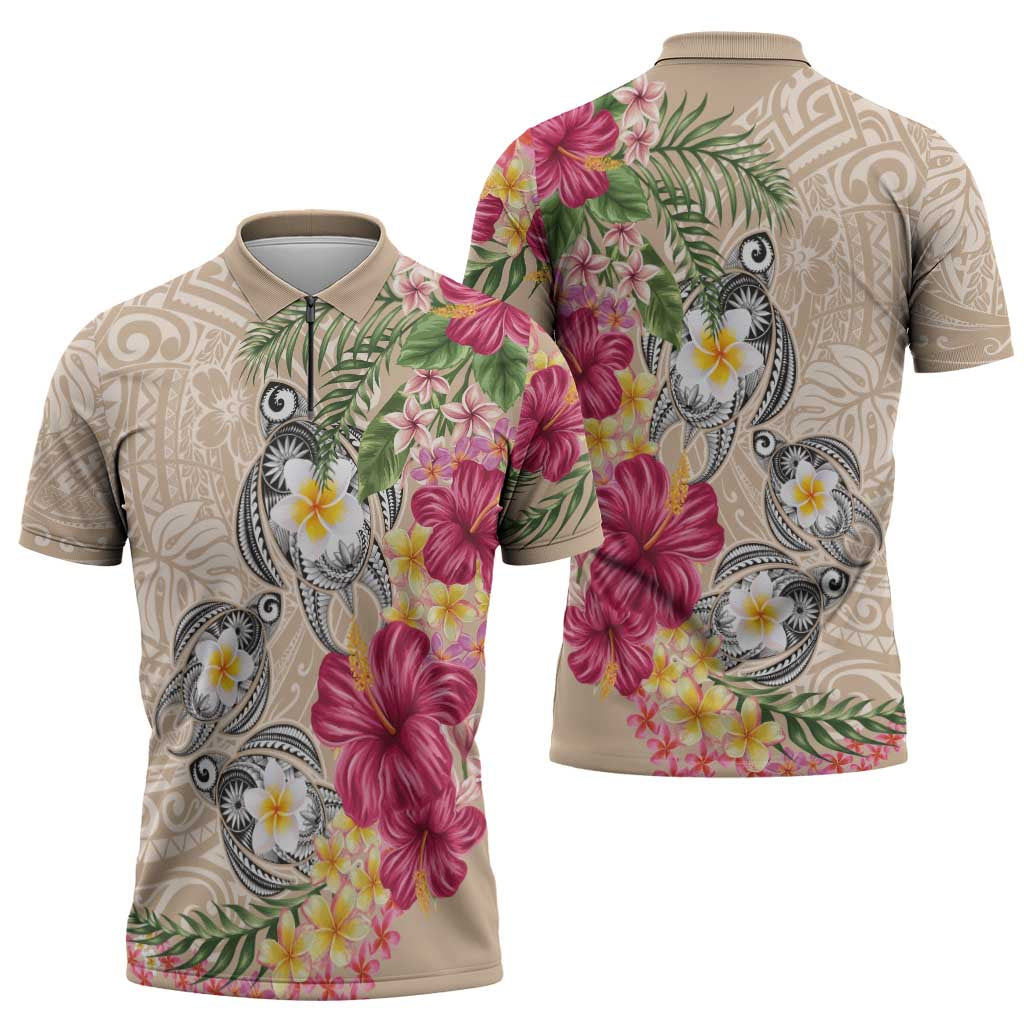 Hawaiian Tropical Flowers and Tribal Turtles Zipper Polo Shirt Polynesian Art Motifs Beige Color - Polynesian Pride