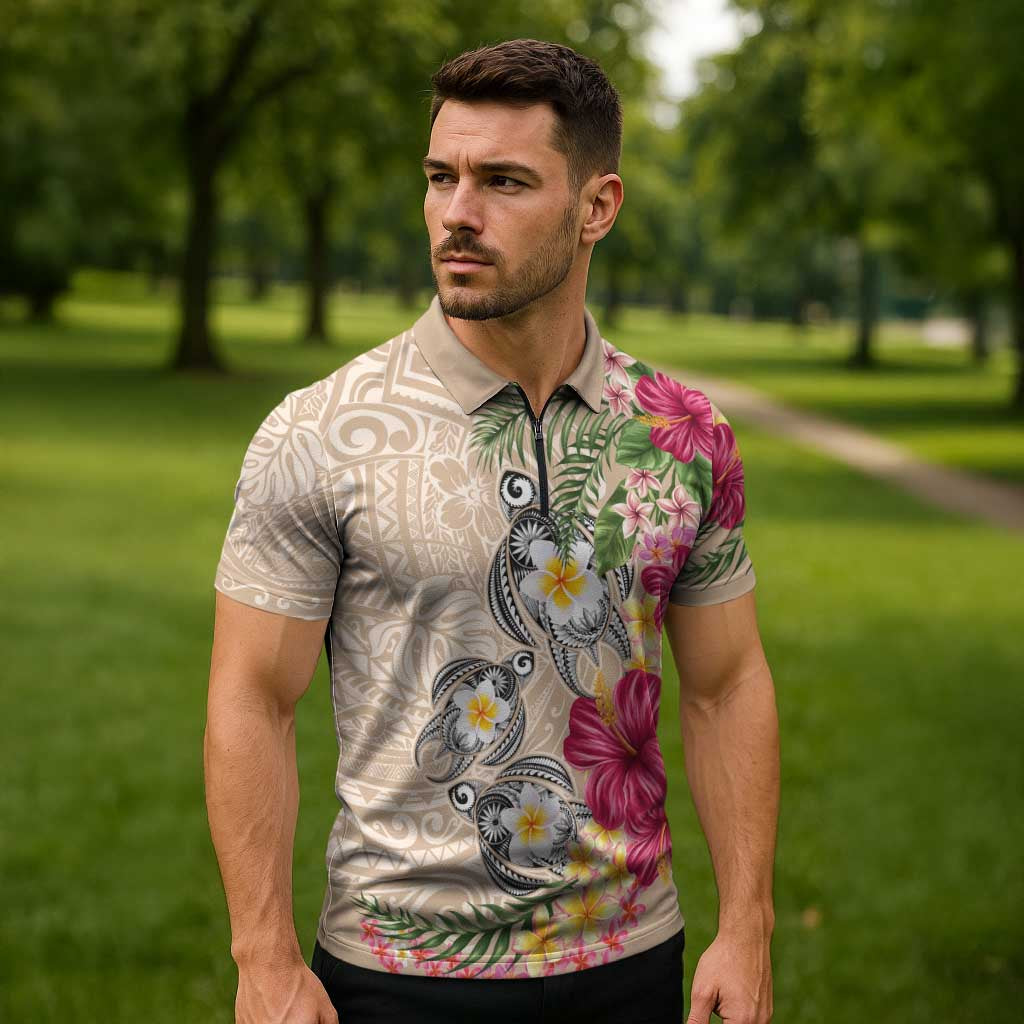 Hawaiian Tropical Flowers and Tribal Turtles Zipper Polo Shirt Polynesian Art Motifs Beige Color - Polynesian Pride