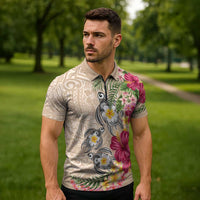 Hawaiian Tropical Flowers and Tribal Turtles Zipper Polo Shirt Polynesian Art Motifs Beige Color - Polynesian Pride