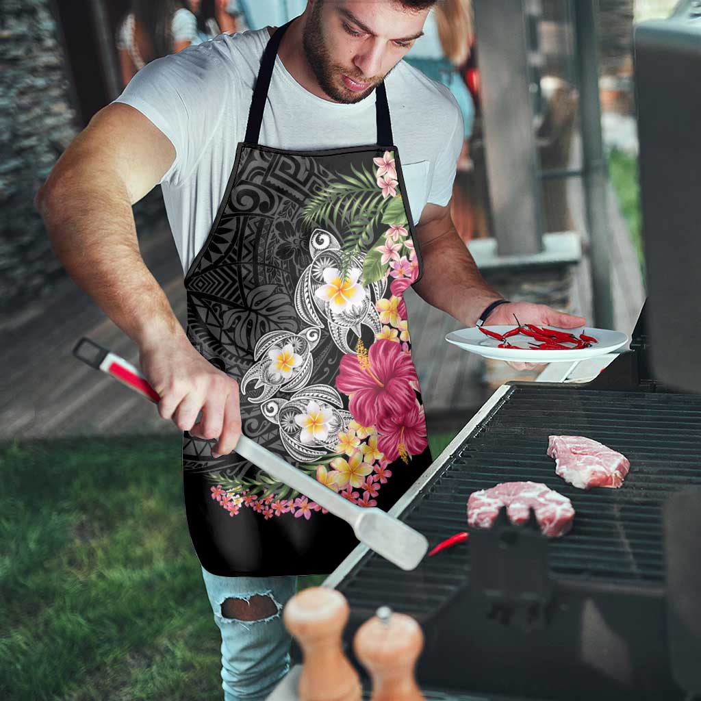 Hawaiian Tropical Flowers and Tribal Turtles Apron Polynesian Art Motifs Black Color - Polynesian Pride