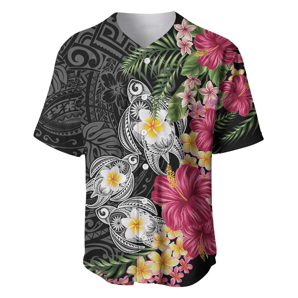 Hawaiian Tropical Flowers and Tribal Turtles Baseball Jersey Polynesian Art Motifs Black Color - Polynesian Pride