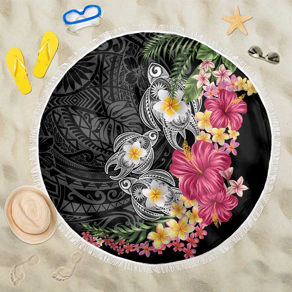 Hawaiian Tropical Flowers and Tribal Turtles Beach Blanket Polynesian Art Motifs Black Color LT03 One Size 150cm Black - Polynesian Pride