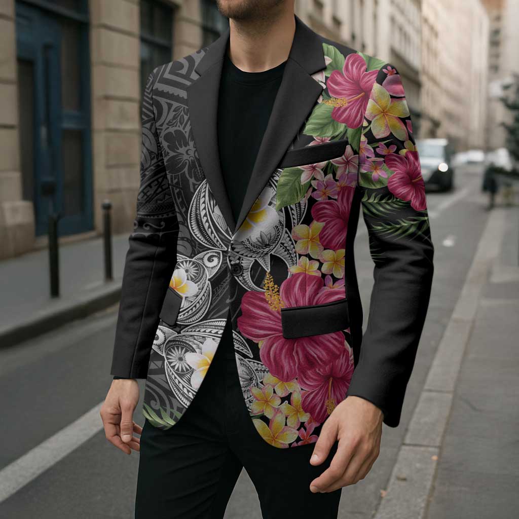 Hawaiian Tropical Flowers and Tribal Turtles Blazer Polynesian Art Motifs Black Color - Polynesian Pride