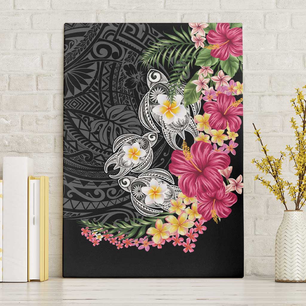 Hawaiian Tropical Flowers and Tribal Turtles Canvas Wall Art Polynesian Art Motifs Black Color LT03 Without Frame Black - Polynesian Pride