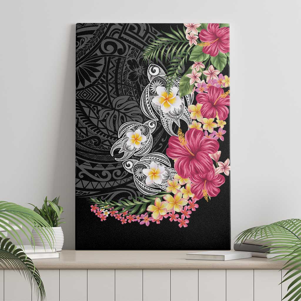 Hawaiian Tropical Flowers and Tribal Turtles Canvas Wall Art Polynesian Art Motifs Black Color LT03 - Polynesian Pride