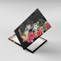 Hawaiian Tropical Flowers and Tribal Turtles Canvas Wall Art Polynesian Art Motifs Black Color LT03 With Frame Black - Polynesian Pride