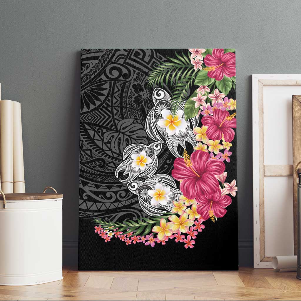 Hawaiian Tropical Flowers and Tribal Turtles Canvas Wall Art Polynesian Art Motifs Black Color LT03 - Polynesian Pride