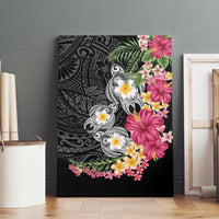 Hawaiian Tropical Flowers and Tribal Turtles Canvas Wall Art Polynesian Art Motifs Black Color LT03 - Polynesian Pride