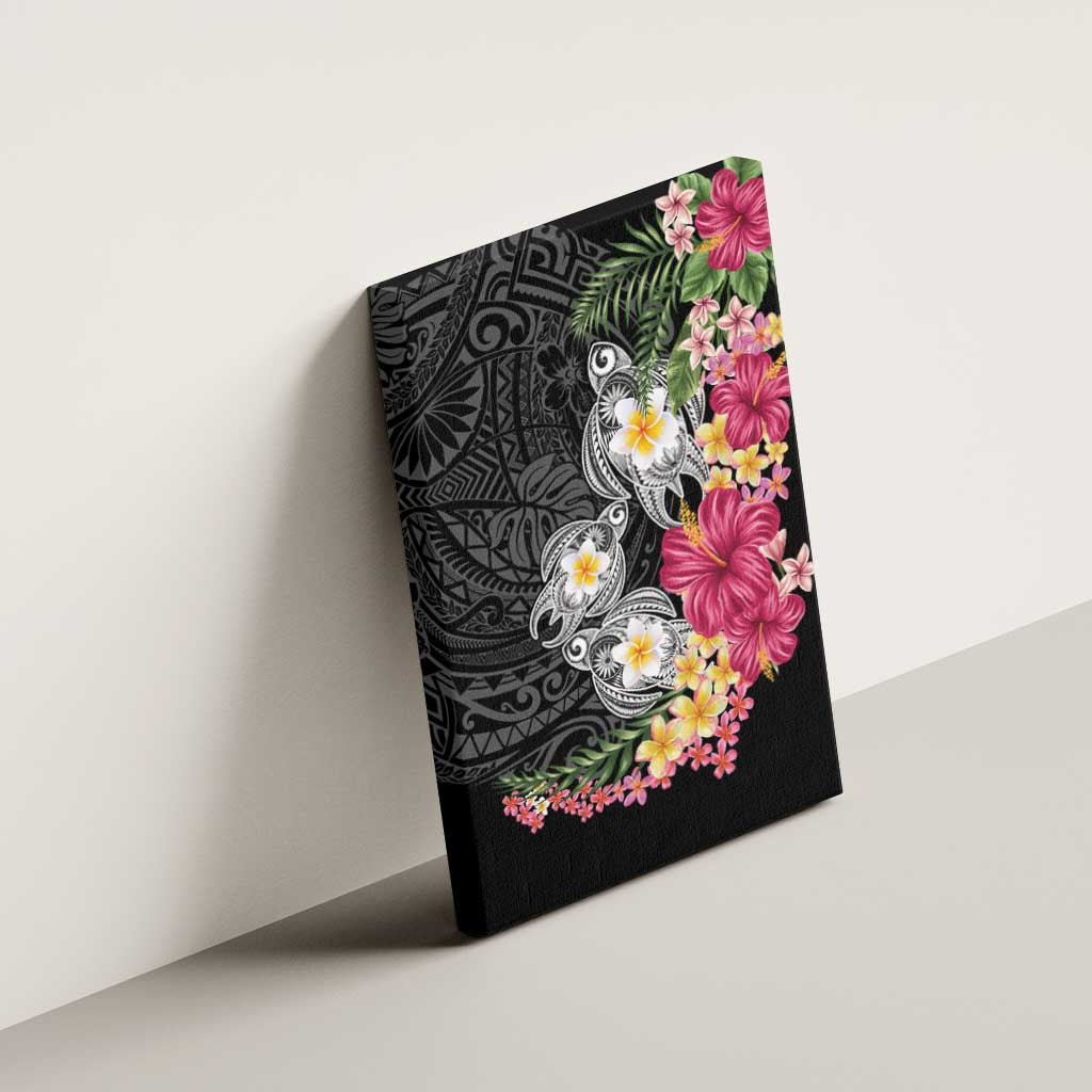 Hawaiian Tropical Flowers and Tribal Turtles Canvas Wall Art Polynesian Art Motifs Black Color LT03 - Polynesian Pride