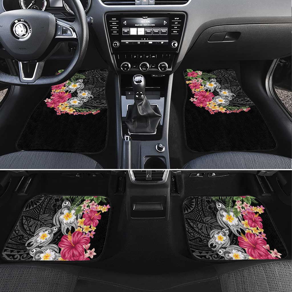 Hawaiian Tropical Flowers and Tribal Turtles Car Mats Polynesian Art Motifs Black Color LT03 Set 4pcs Black - Polynesian Pride