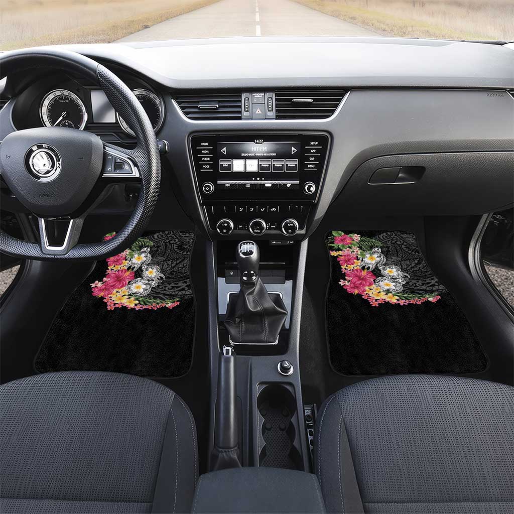 Hawaiian Tropical Flowers and Tribal Turtles Car Mats Polynesian Art Motifs Black Color LT03 Set 2pcs - Front Black - Polynesian Pride