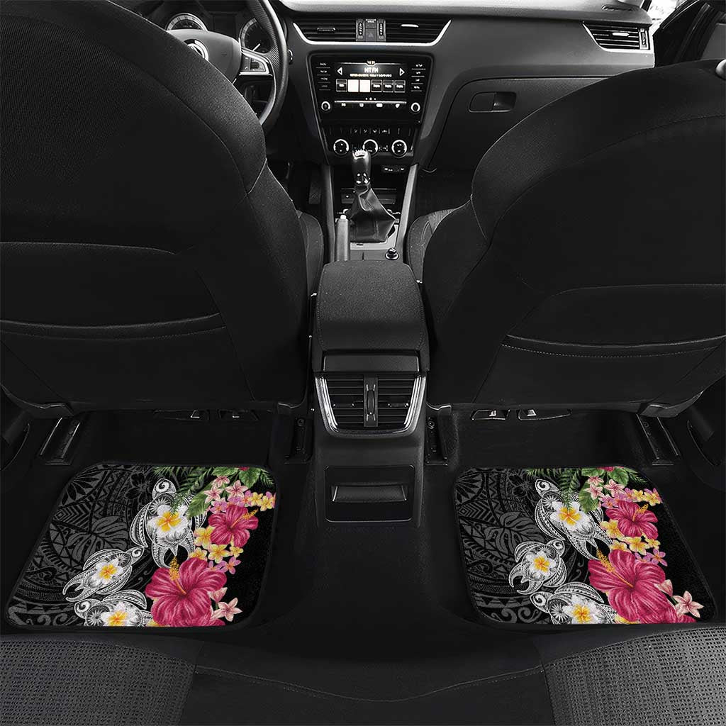Hawaiian Tropical Flowers and Tribal Turtles Car Mats Polynesian Art Motifs Black Color LT03 Set 2pcs - Back Black - Polynesian Pride