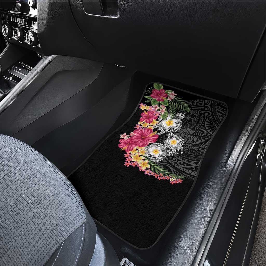 Hawaiian Tropical Flowers and Tribal Turtles Car Mats Polynesian Art Motifs Black Color LT03 - Polynesian Pride