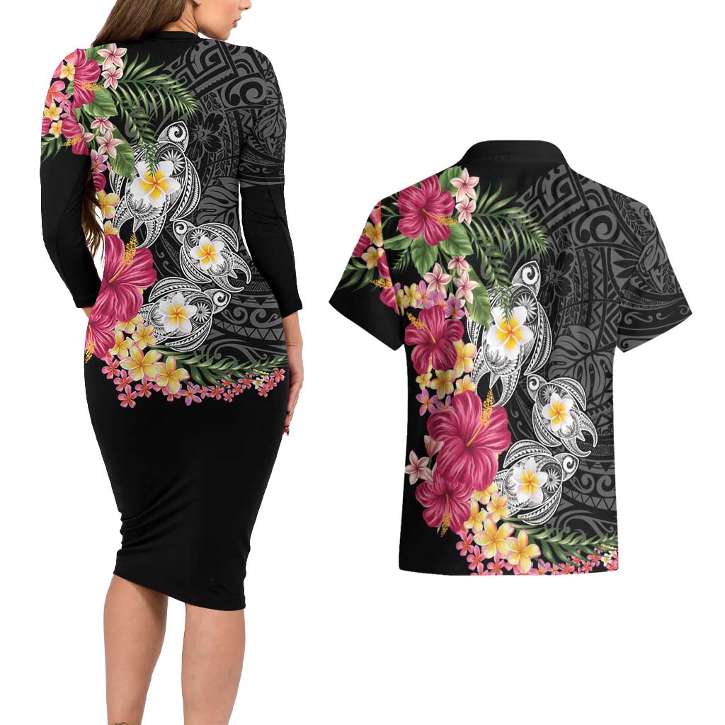 Hawaiian Tropical Flowers and Tribal Turtles Couples Matching Long Sleeve Bodycon Dress and Hawaiian Shirt Polynesian Art Motifs Black Color - Polynesian Pride