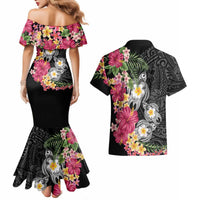 Hawaiian Tropical Flowers and Tribal Turtles Couples Matching Mermaid Dress and Hawaiian Shirt Polynesian Art Motifs Black Color - Polynesian Pride