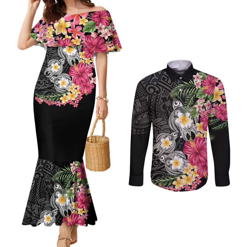 Hawaiian Tropical Flowers and Tribal Turtles Couples Matching Mermaid Dress and Long Sleeve Button Shirt Polynesian Art Motifs Black Color LT03 Black - Polynesian Pride