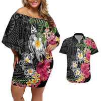 Hawaiian Tropical Flowers and Tribal Turtles Couples Matching Off Shoulder Short Dress and Hawaiian Shirt Polynesian Art Motifs Black Color LT03 Black - Polynesian Pride
