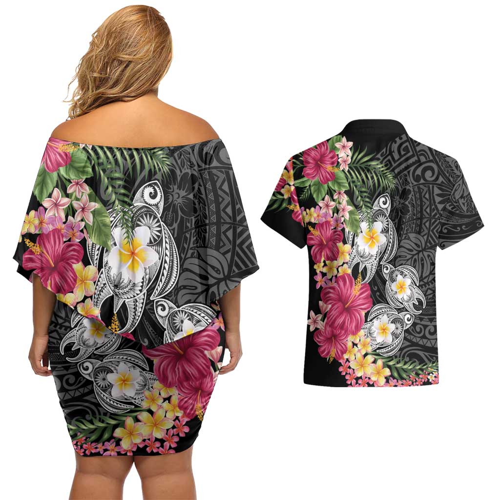 Hawaiian Tropical Flowers and Tribal Turtles Couples Matching Off Shoulder Short Dress and Hawaiian Shirt Polynesian Art Motifs Black Color LT03 - Polynesian Pride