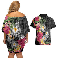 Hawaiian Tropical Flowers and Tribal Turtles Couples Matching Off Shoulder Short Dress and Hawaiian Shirt Polynesian Art Motifs Black Color LT03 - Polynesian Pride