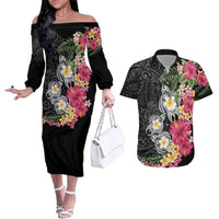 Hawaiian Tropical Flowers and Tribal Turtles Couples Matching Off The Shoulder Long Sleeve Dress and Hawaiian Shirt Polynesian Art Motifs Black Color - Polynesian Pride