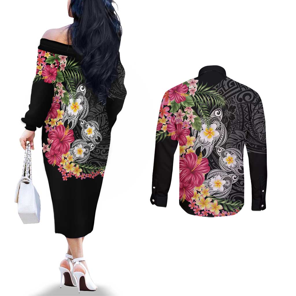 Hawaiian Tropical Flowers and Tribal Turtles Couples Matching Off The Shoulder Long Sleeve Dress and Long Sleeve Button Shirt Polynesian Art Motifs Black Color - Polynesian Pride